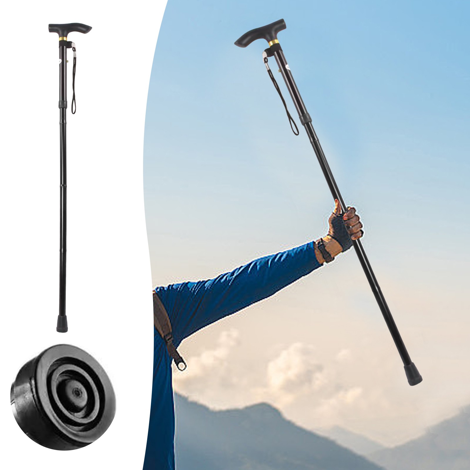LPSSTORE Aluminum Alloy Trekking Pole Folding Telescopic Ultra Light Four Poles Country Hiking Outdoor Crutches Portable Walking Stick for The Elderly(Black)